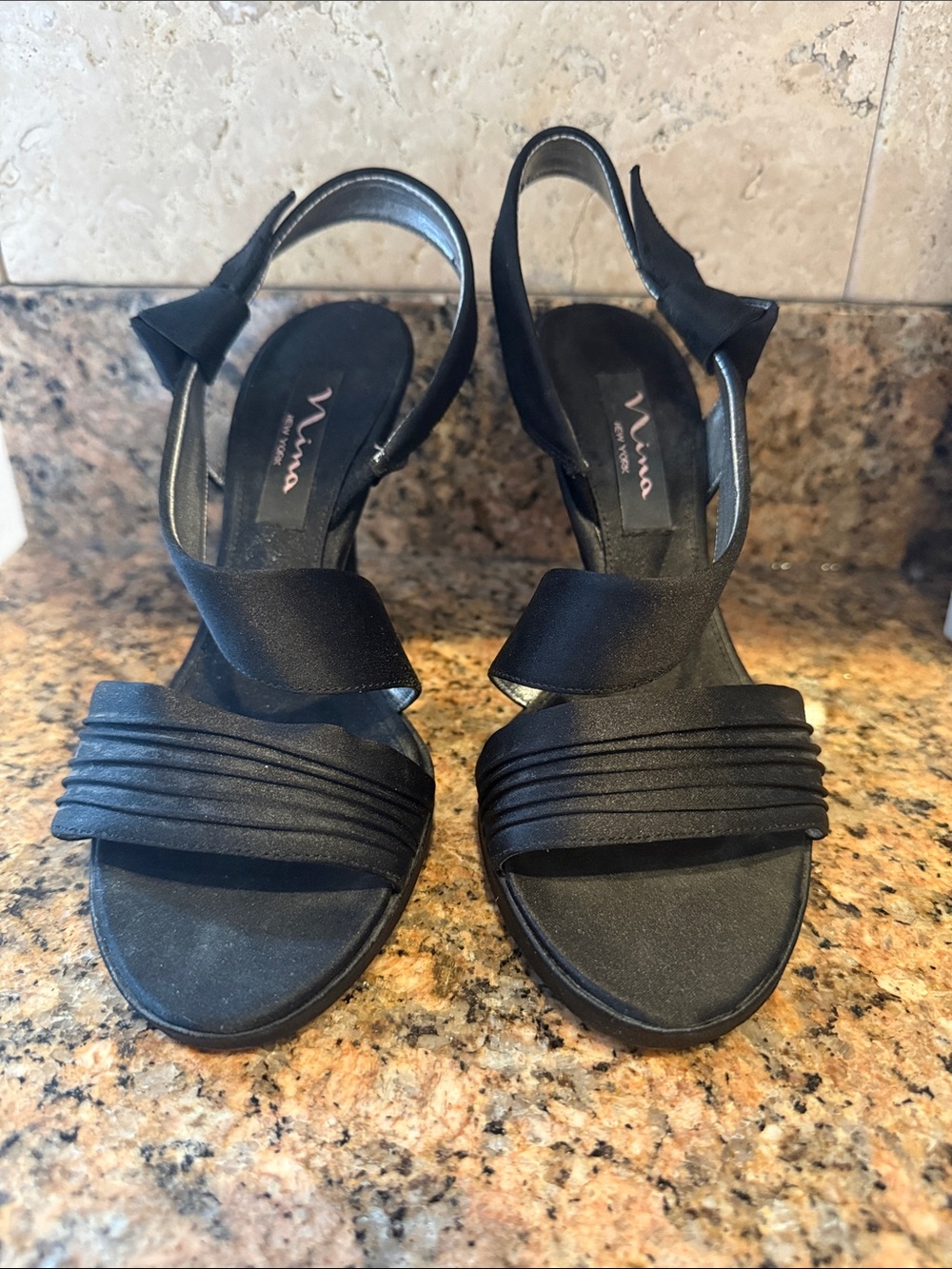 Nina Black Satin Pleated Slingback Heels